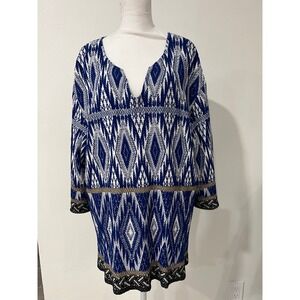St. John XL Blue White Diamond Knit Top Long Sleeve V Neck